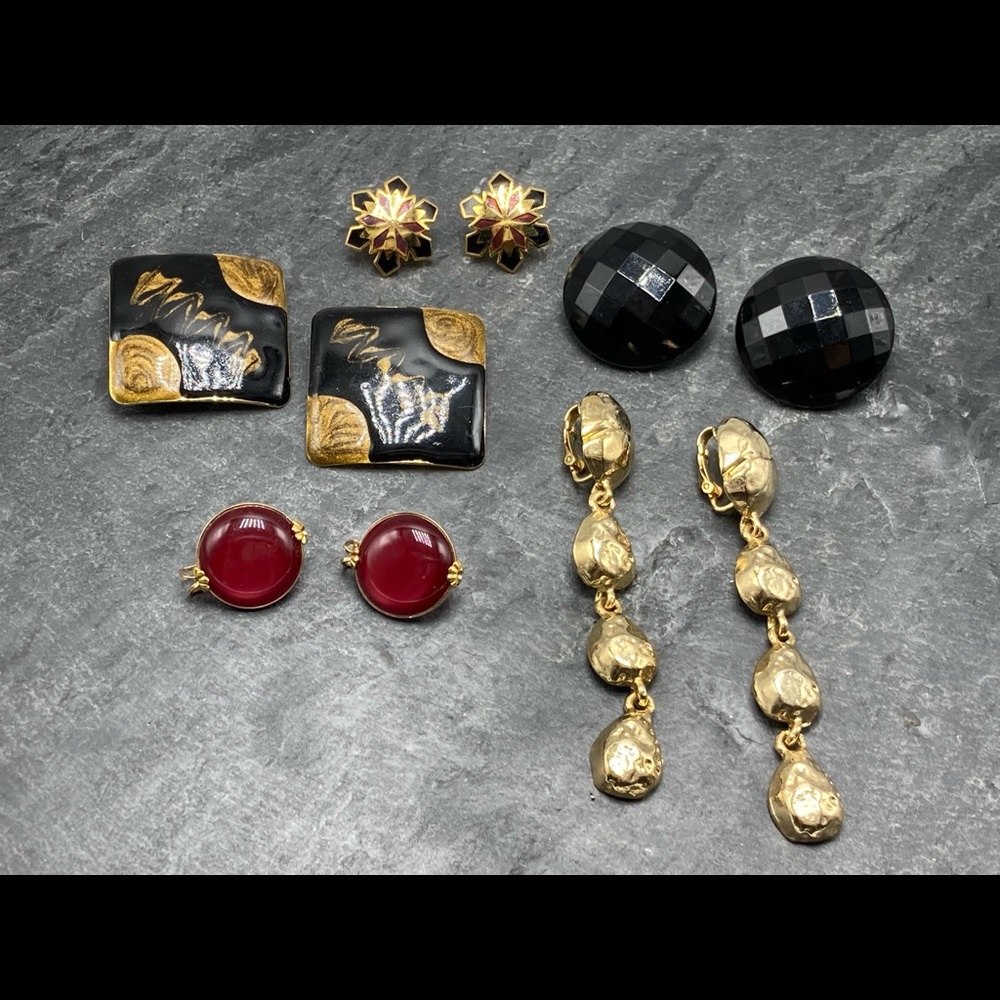 CLIP-ON Women’s Vintage Bundle 5x pairs earrings silver gold cloisonné